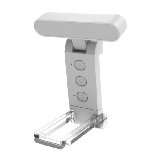 White USB rechargeable clip reading lamp with LED folding bookmark, three-button control.