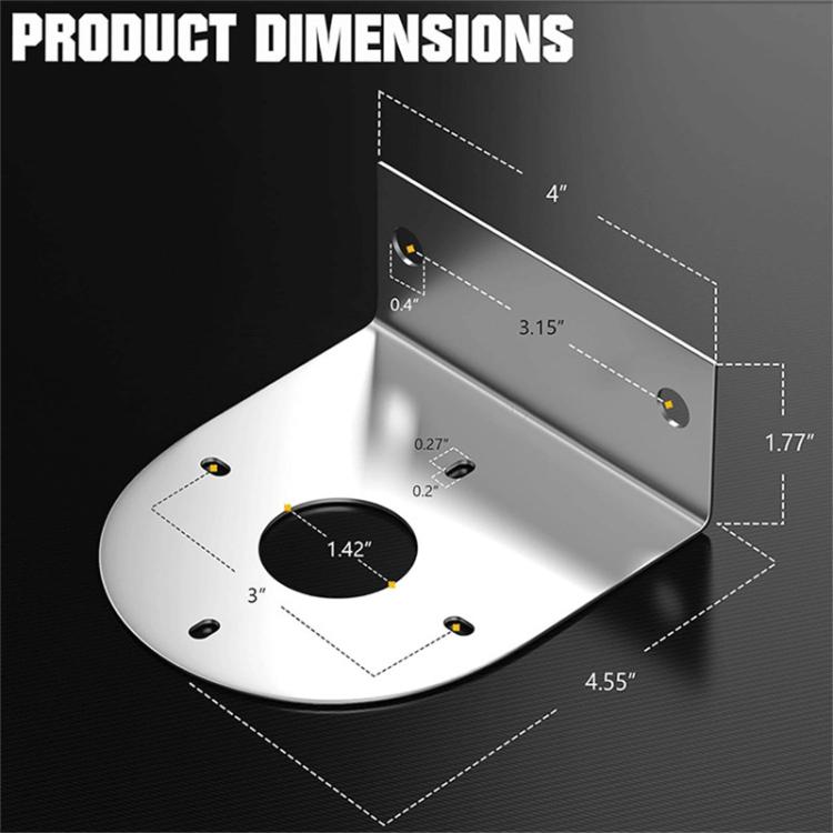 Stainless steel LED light mount bracket with measured base and hole locations