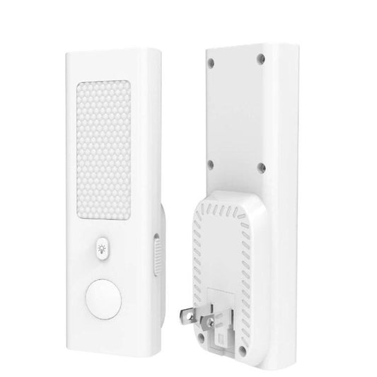 White plug-in night light with motion sensor grille, round button, and socket back plate