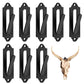 Black metal wall mount bracket hooks with oval openings, mounted animal skulls