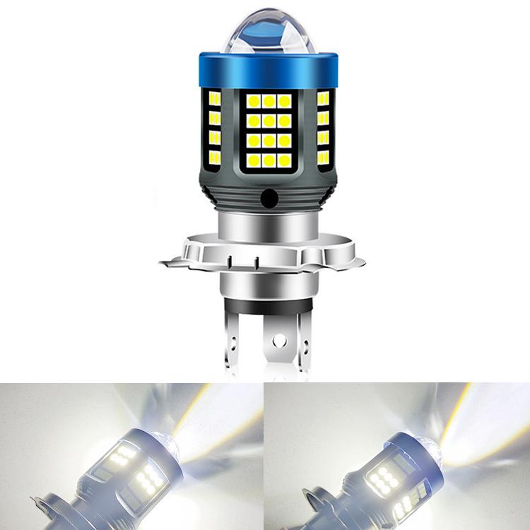 Motorcycle LED headlight bulb with blue housing and grid of white LED chips