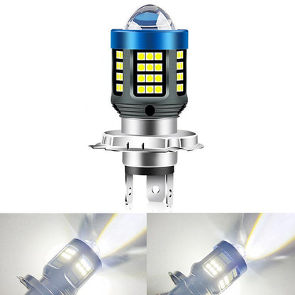 Motorcycle LED headlight bulb with blue housing and grid of white LED chips