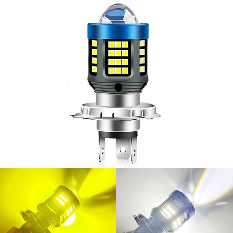 Motorcycle LED headlight bulb with blue housing, white LED array, and yellow beam
