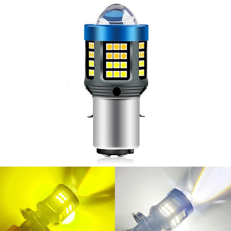 Motorcycle LED headlight bulb with blue top, white LED array, and yellow beam