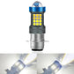 Motorcycle LED headlight bulb with silver body and blue ring, yellow LED chip array
