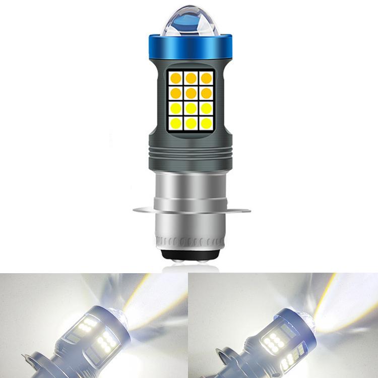 Motorcycle LED headlight bulb with silver body and blue ring, yellow LED chip array