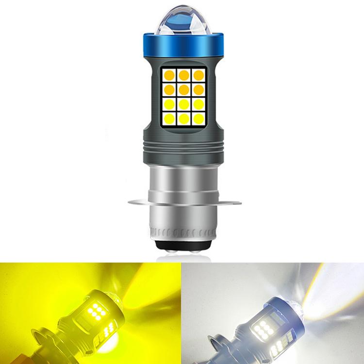 Motorcycle LED headlight bulb with silver body and blue ring, yellow LED array beam