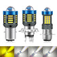 Three motorcycle LED headlight bulbs with blue tops and yellow LED chip arrays