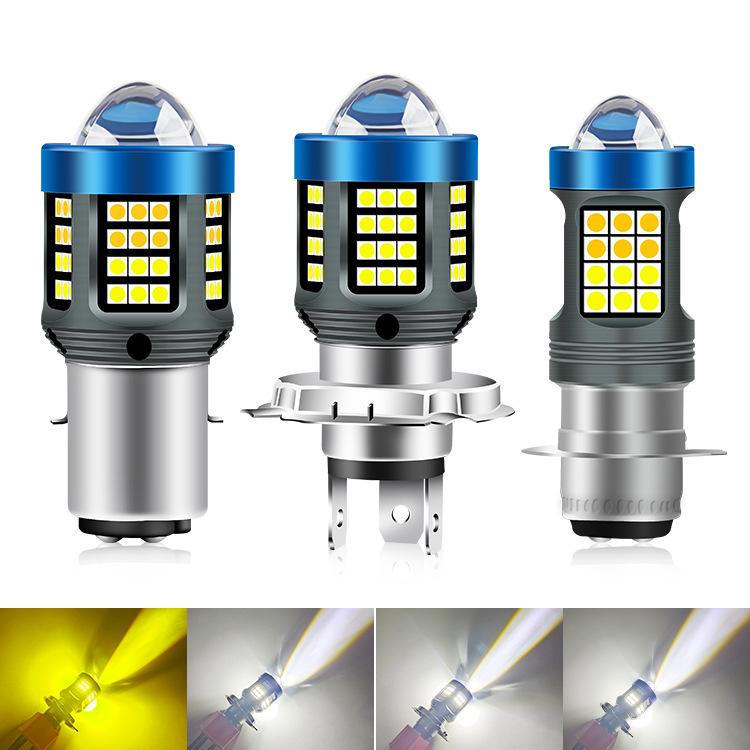 Three motorcycle LED headlight bulbs with blue tops and yellow LED chip arrays