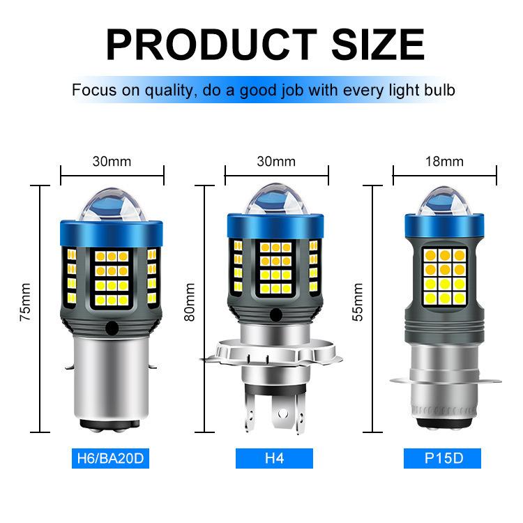 Motorcycle LED headlight bulb size diagram for H6/BA20D, H4, and P15D
