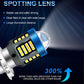 Motorcycle LED headlight with blue lens housing and bright white light beams