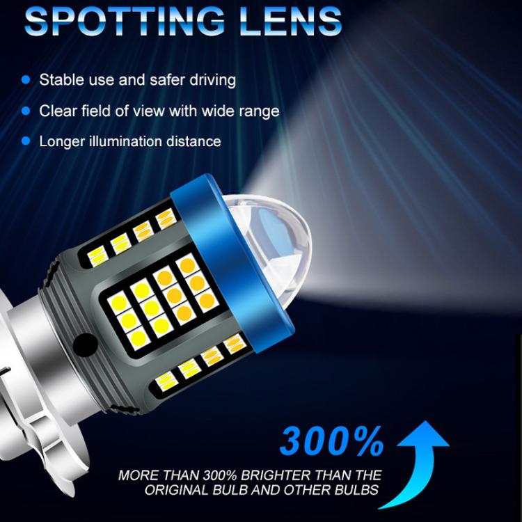 Motorcycle LED headlight with blue lens housing and bright white light beams