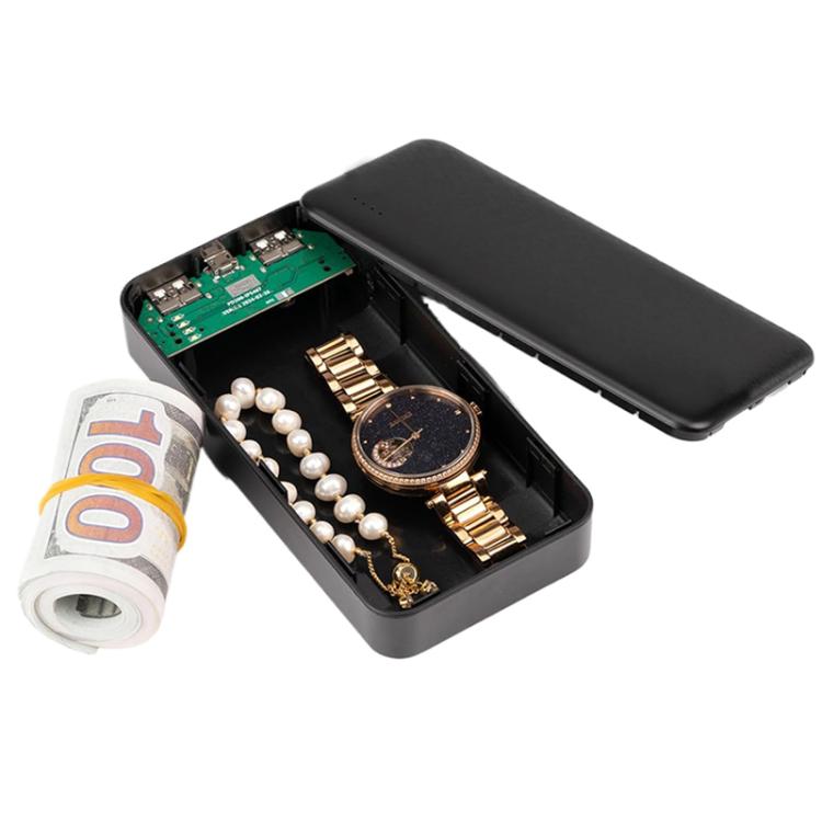 Black power bank-shaped hidden storage box with lid open, jewelry and cash inside