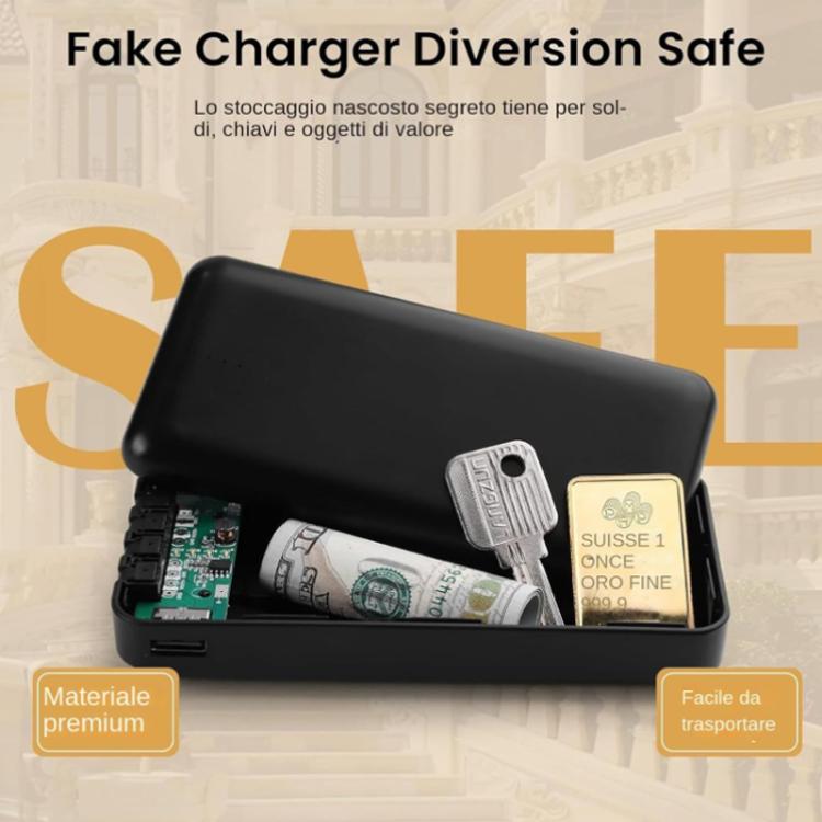 Black power bank-shaped hidden storage box, open compartment with cash and cards