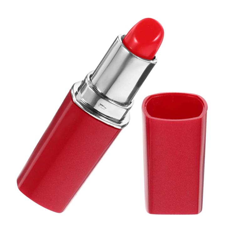 Red lipstick-shaped hidden pillbox with cap open and base shown.