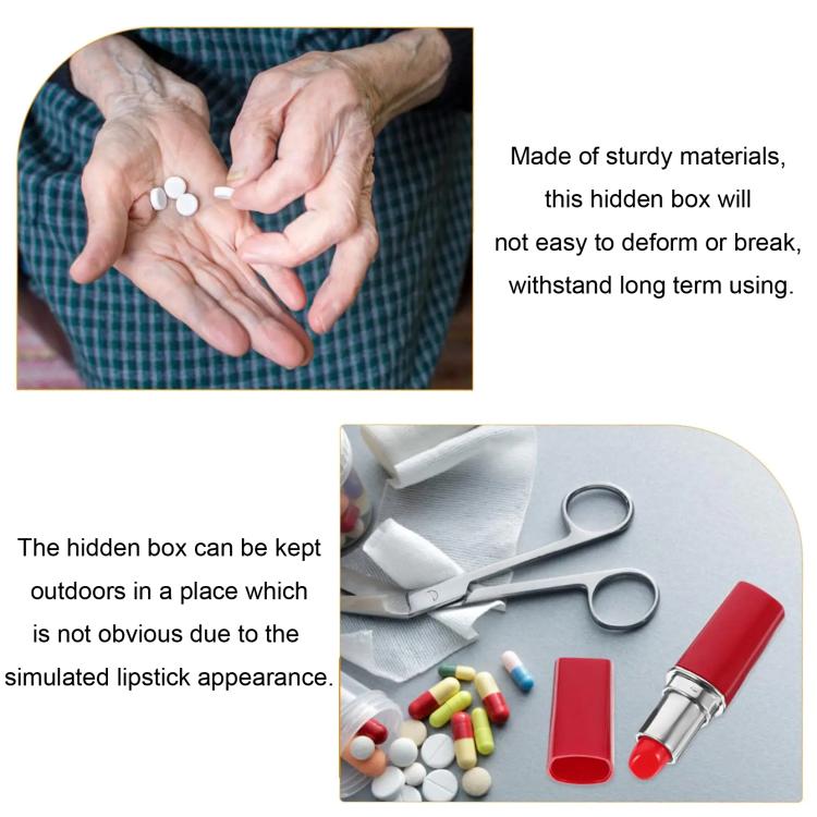 Lipstick-shaped hidden storage box with cap open beside small pill capsules.