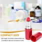 Red lipstick-shaped pillbox with open cap, compact portable storage case.