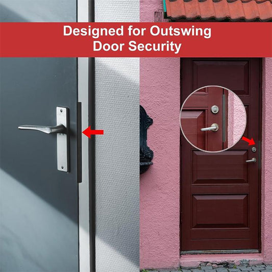 Black L-shaped door latch protector cover installed on an outswing door edge