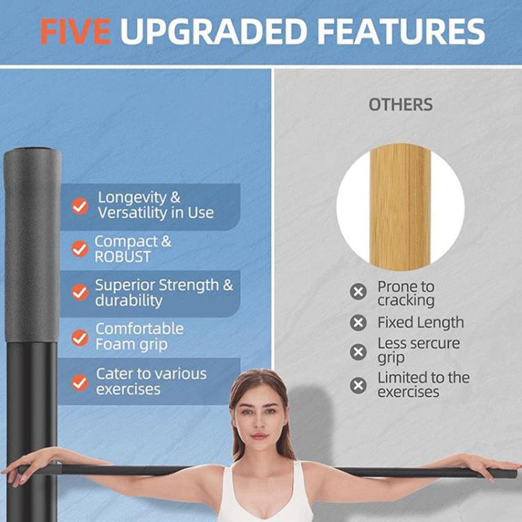 Portable exercise stick with gray foam sleeve grip, standing upright