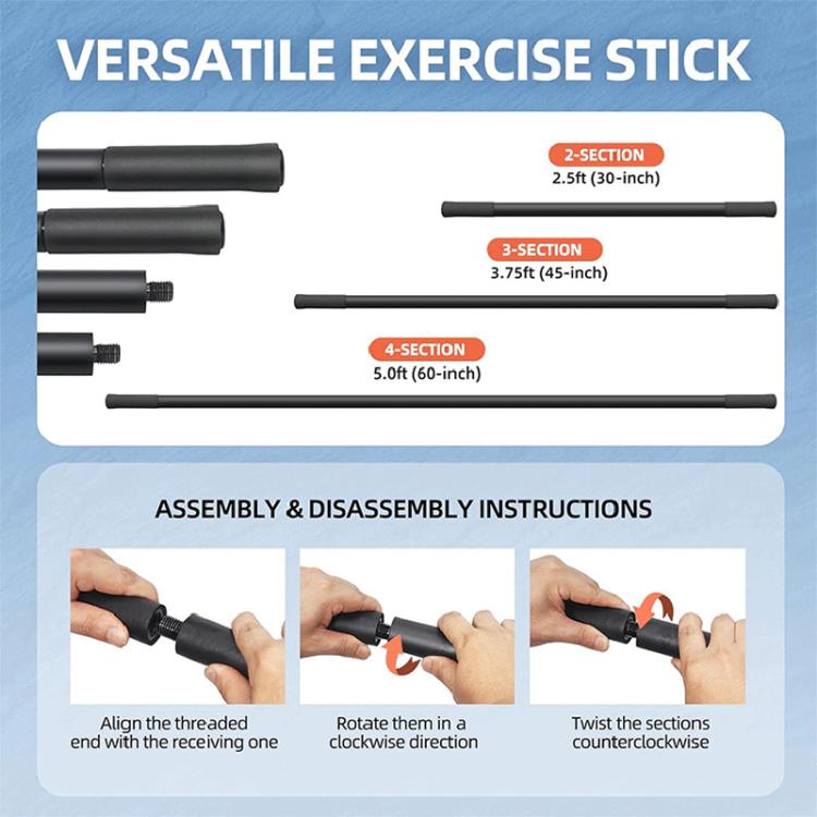 Adjustable black exercise stick showing 2-, 3-, and 4-section lengths