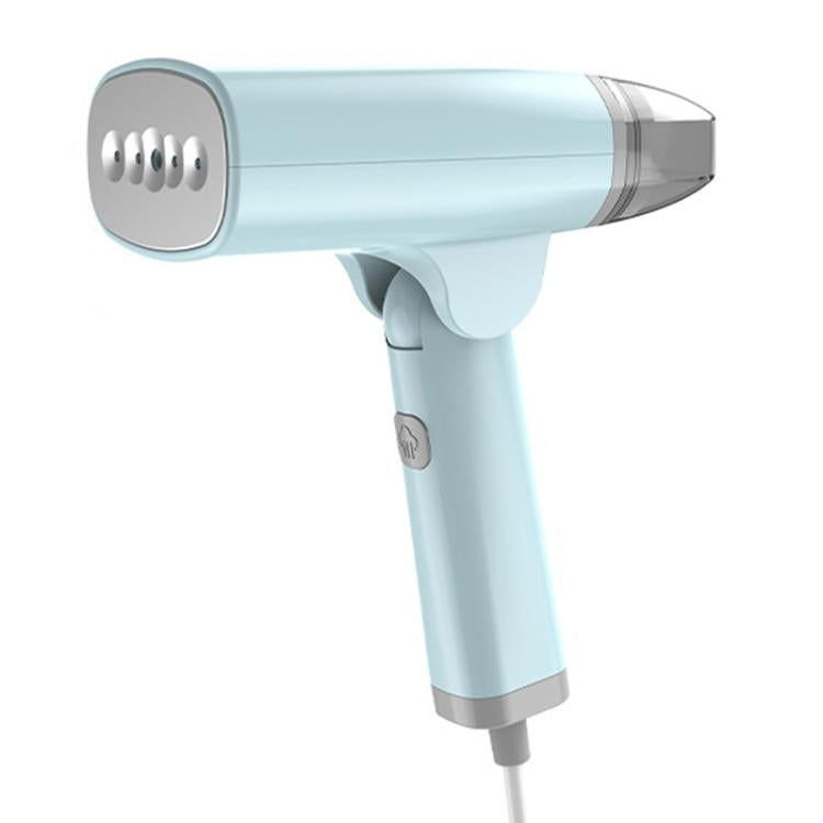 Blue handheld garment steamer with nozzle and steam vent, EU/US plug design