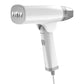 White handheld garment steamer, front steam outlet and handle, EU/US plug design