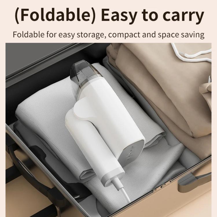 White handheld steamer stored in a foldable travel case