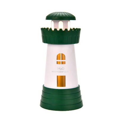 Green lighthouse-shaped mini humidifier with glowing window detail and top vent