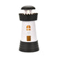 Dark gray lighthouse-shaped mini humidifier with glowing window detail and top vent