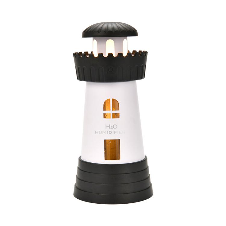 Dark gray lighthouse-shaped mini humidifier with glowing window detail and top vent