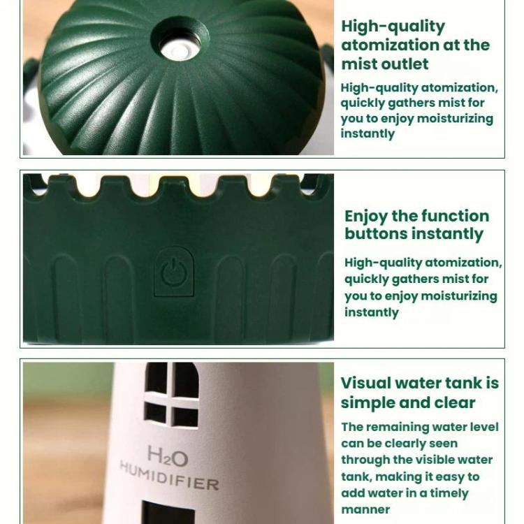 Green lighthouse humidifier close-up of top dome, control icon, and side button