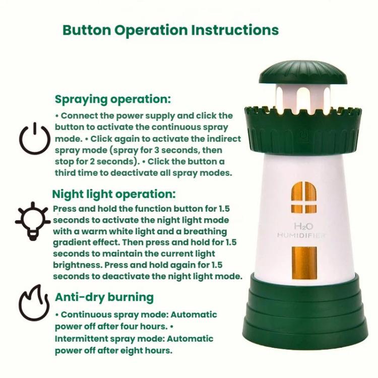 Green lighthouse humidifier showing illuminated window panel for operation modes