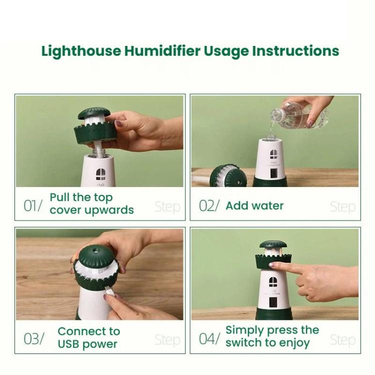 Green lighthouse humidifier being filled with water; hand removes the top cover