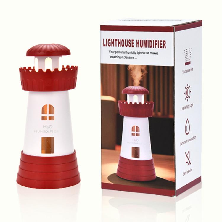 Red lighthouse-shaped mini humidifier with warm window light