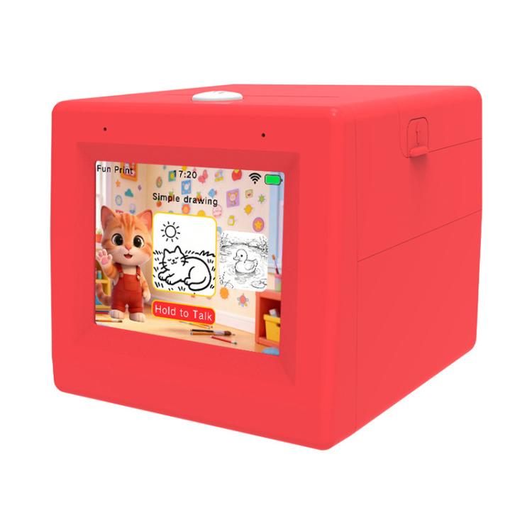 Red mini wireless thermal printer with 3.5-inch screen showing cartoon sketches