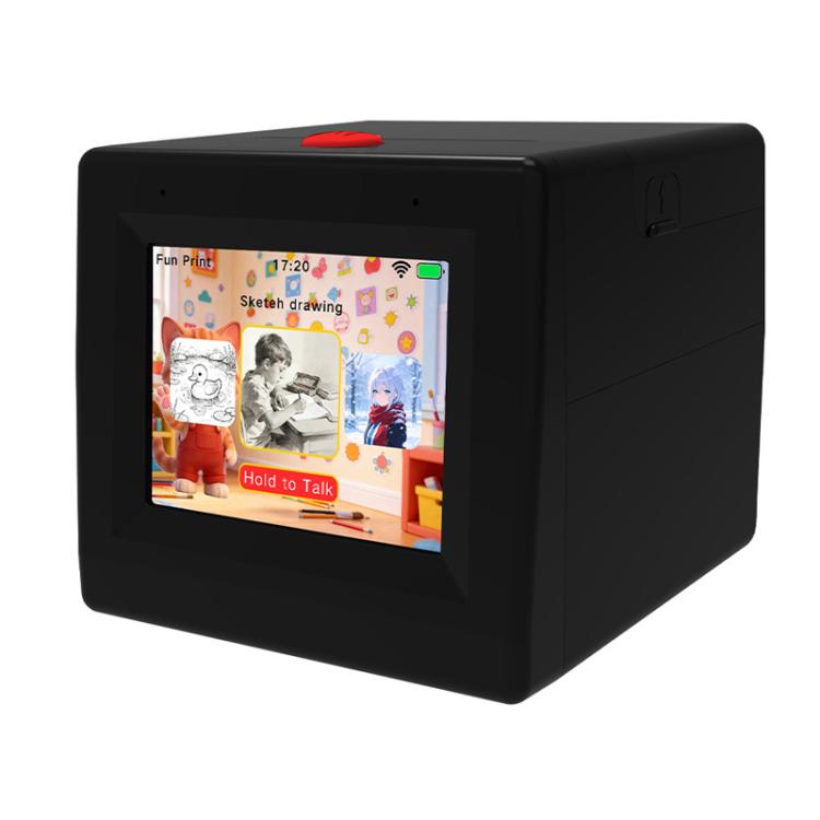 Black mini wireless thermal printer with 3.5-inch screen showing cartoon drawings
