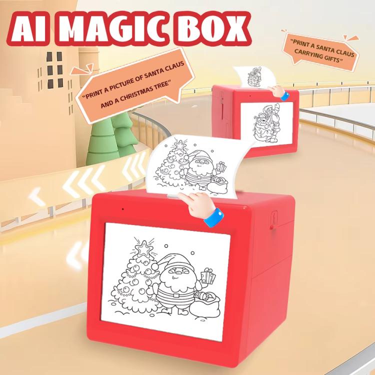 Red mini wireless thermal printer with screen and a printed drawing sheet