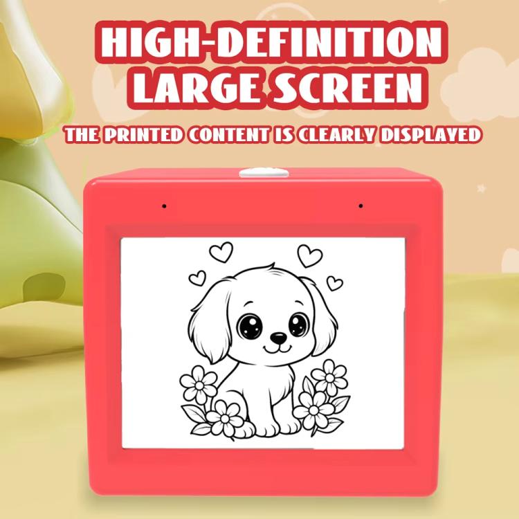 Red mini wireless thermal printer with large screen showing a line-art puppy