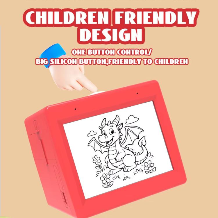 Red mini wireless thermal printer with 3.5-inch screen showing a line-art dragon