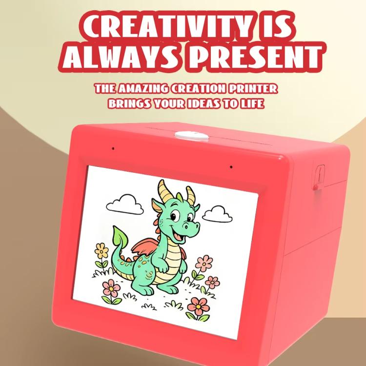 Red mini wireless thermal printer with screen showing a green dragon line drawing