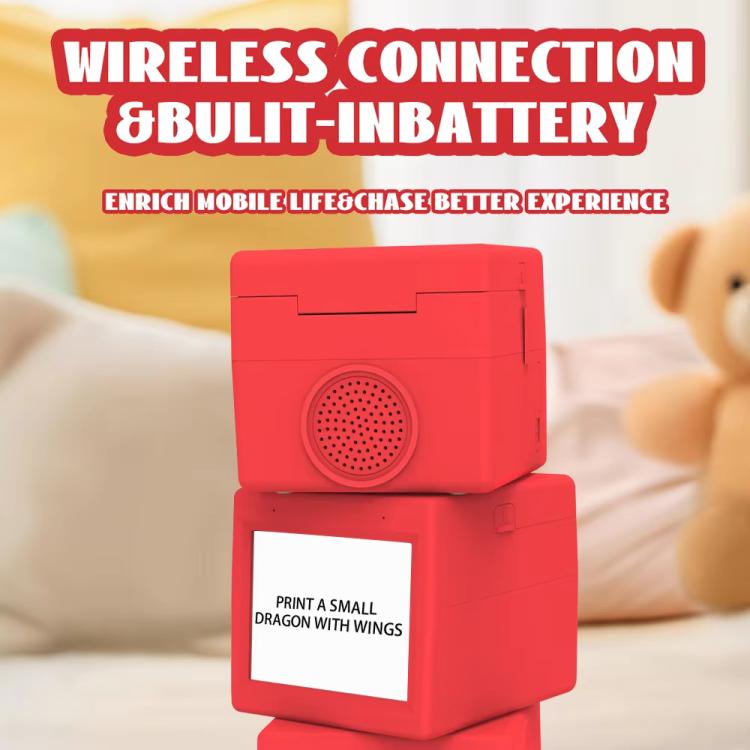 Red mini wireless thermal printer with open top and front screen showing a small print