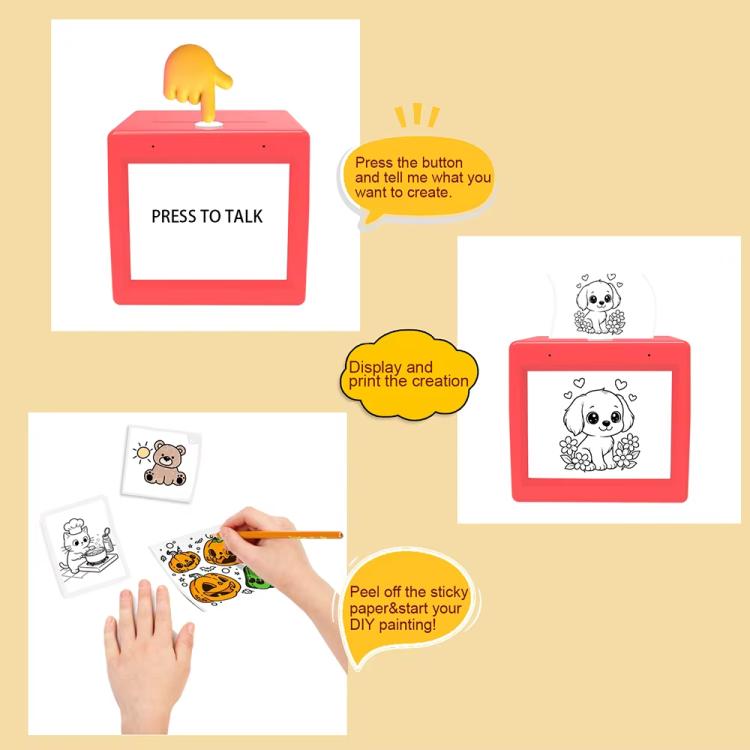 Red mini wireless thermal printer with front screen and multiple printed photo examples