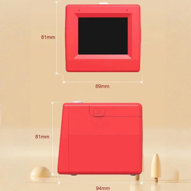 Red mini wireless thermal printer shown from front and back with size markers