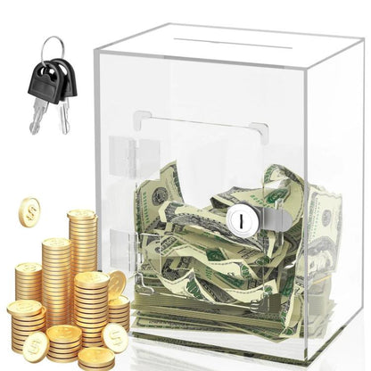 Clear acrylic piggy bank with coin and bill contents, front lock and keys
