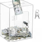 Clear acrylic money bank with lock, hanging keys, and folded cash inside
