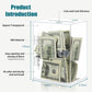 Transparent acrylic money bank with lock, bills stacked inside, open door