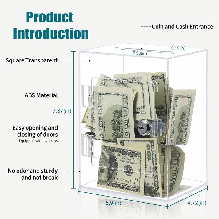 Transparent acrylic money bank with lock, bills stacked inside, open door