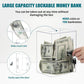 Transparent acrylic lockable money bank with wide slot and bills being inserted