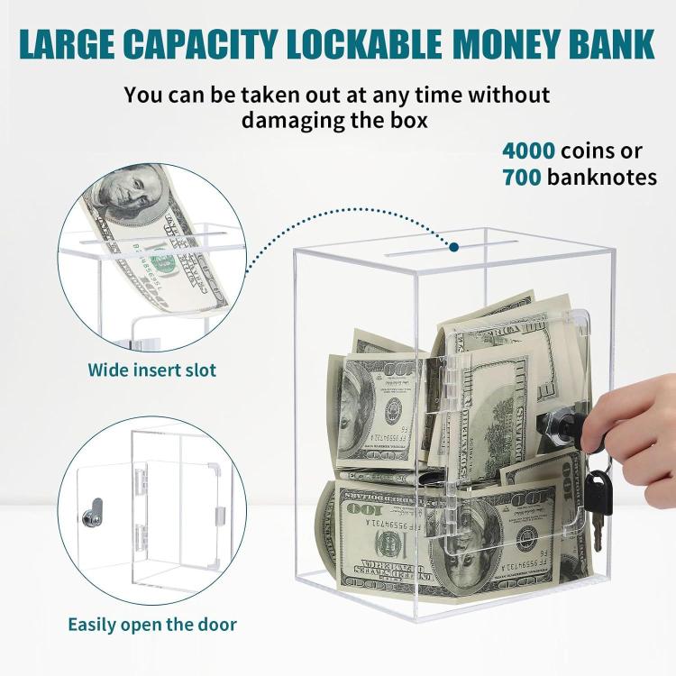 Transparent acrylic lockable money bank with wide slot and bills being inserted