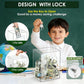 Lockable acrylic money bank with keys held above, showing bills and coins inside
